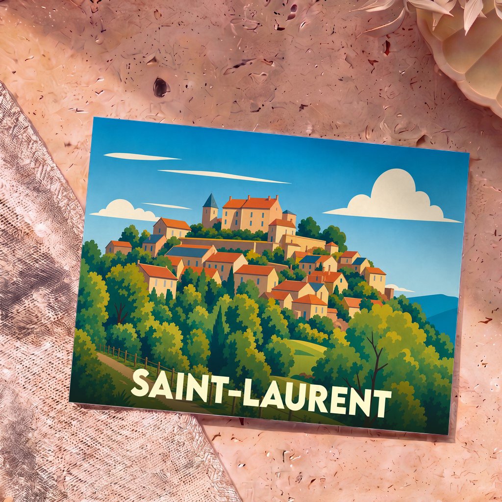 Carte postale souvenir de la ville de Saint-Laurent avec une illustration stylisée d'un village perché.