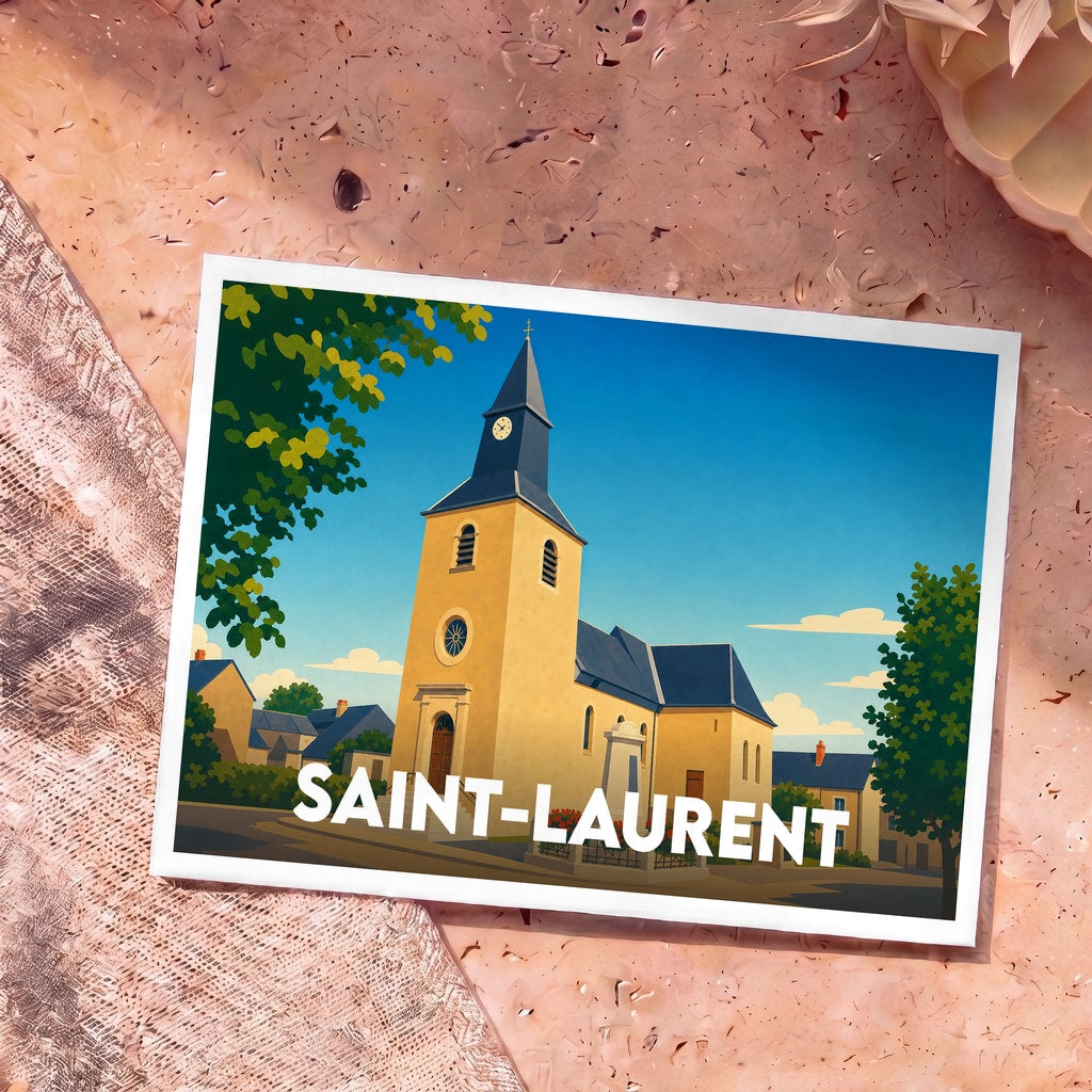 Carte postale souvenir de la ville de Saint-Laurent avec une illustration stylisée de son église.