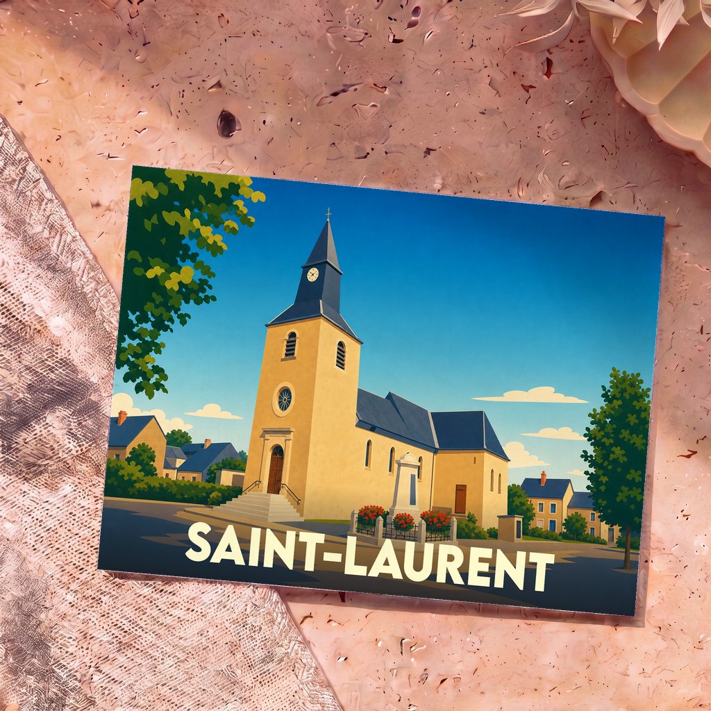 Carte postale souvenir de la ville de Saint-Laurent avec une illustration stylisée de son église.