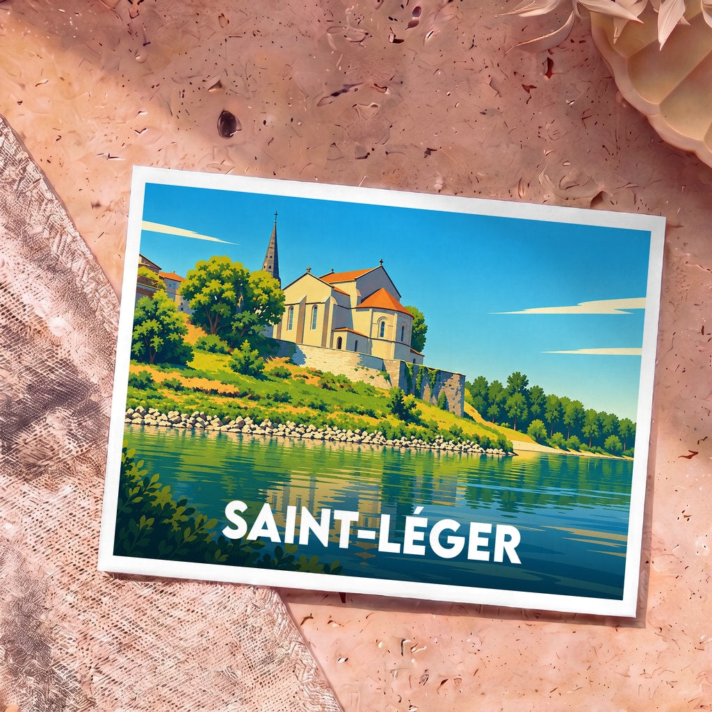 Carte postale souvenir de la ville de Saint-Léger avec une illustration stylisée d'une église en bord de rivière.