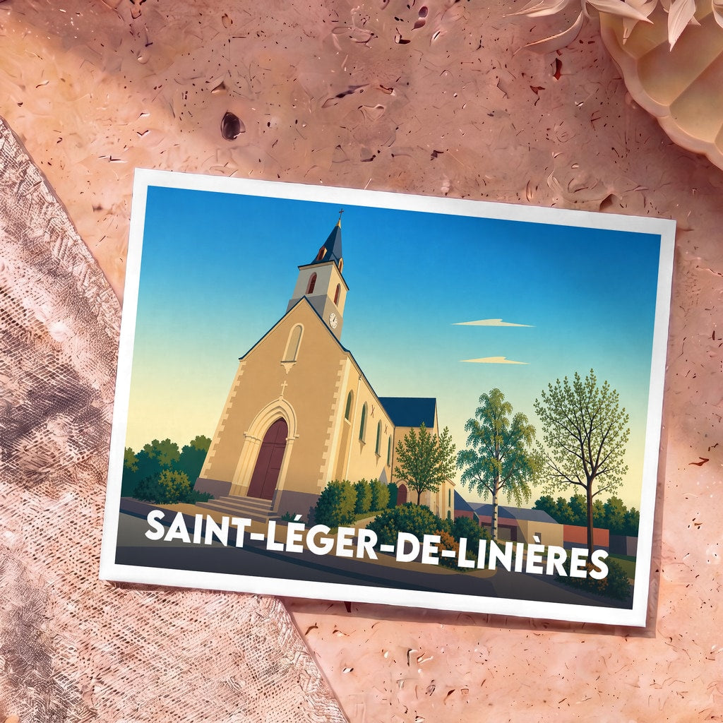 Carte postale souvenir de la commune de Saint-Léger-de-Linières avec une illustration stylisée de son église.