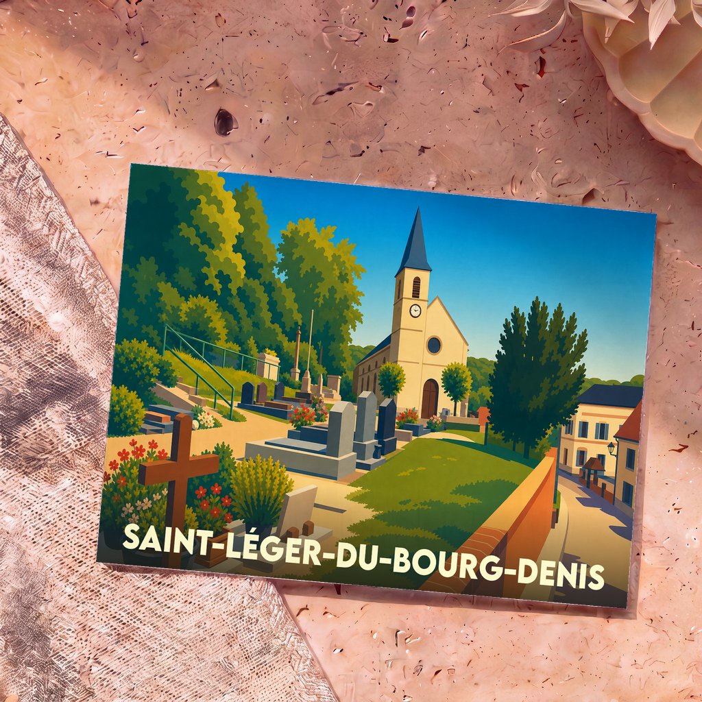Carte postale souvenir de la ville de Saint-Léger-du-Bourg-Denis avec une illustration stylisée de son église et de son cimetière.