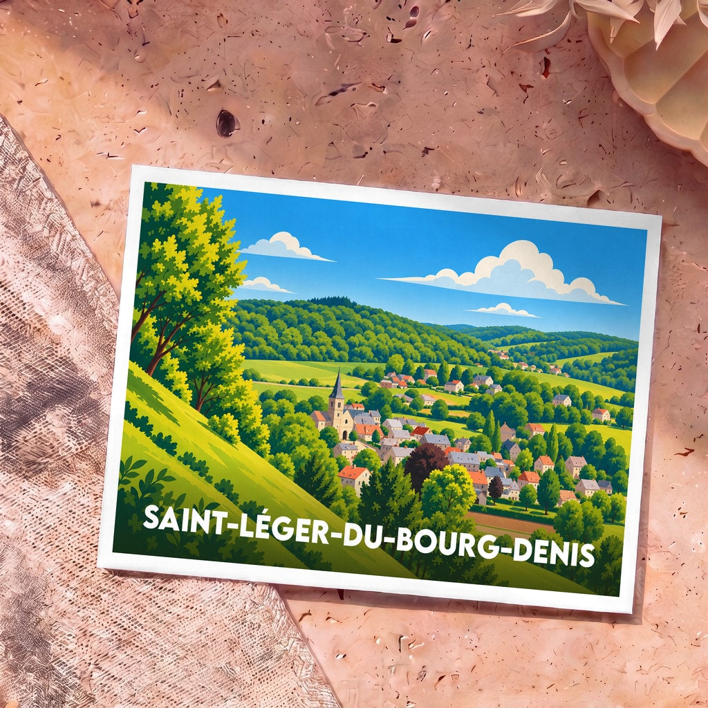 Carte postale souvenir de la ville de Saint-Léger-du-Bourg-Denis avec une illustration stylisée d'un paysage vallonné.
