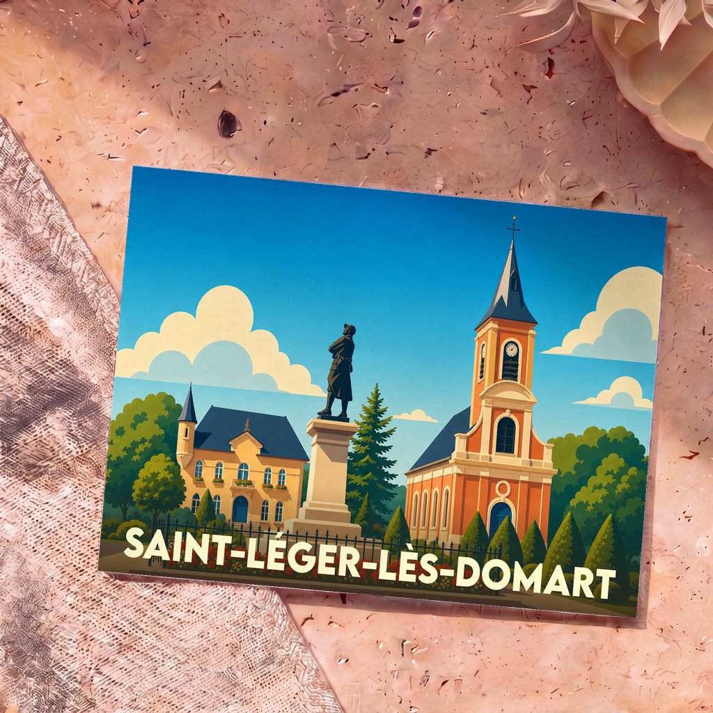 Carte postale souvenir de la ville de Saint-Léger-lès-Domart avec une illustration stylisée de son église et d'une statue.