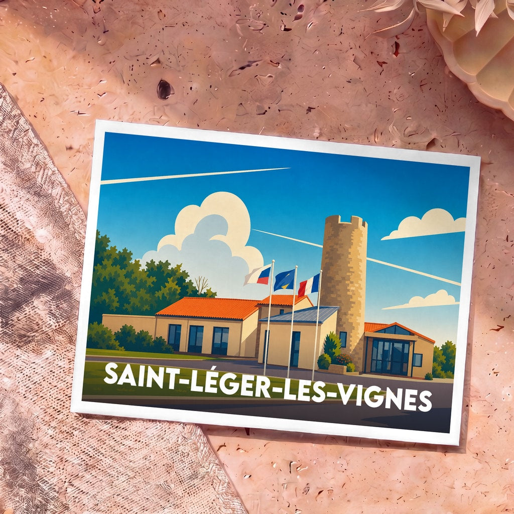 Carte postale souvenir de Saint-Léger-les-Vignes arborant une illustration stylisée et colorée de la mairie et de sa tour.