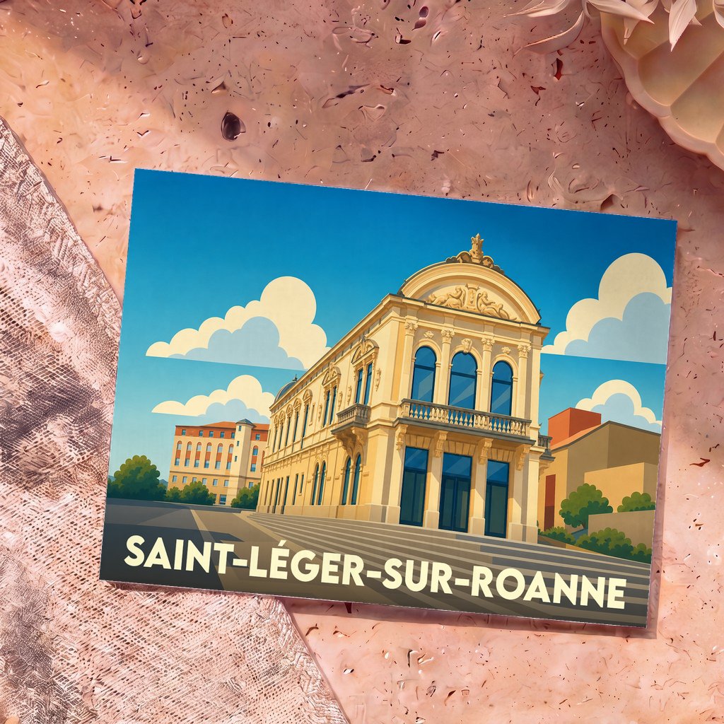 Carte postale souvenir de Saint-Léger-sur-Roanne avec une illustration stylisée du théâtre municipal.
