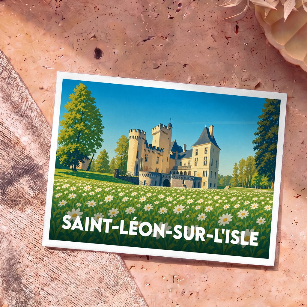 Carte postale souvenir de Saint-Léon-sur-l'Isle illustrant son château entouré d'un champ de fleurs.