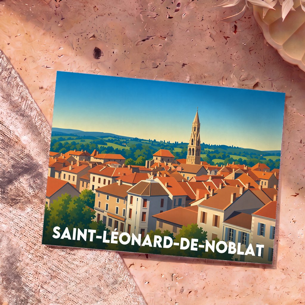 Carte postale souvenir de la ville de Saint-Léonard-de-Noblat avec une illustration stylisée de ses toits et de son clocher.