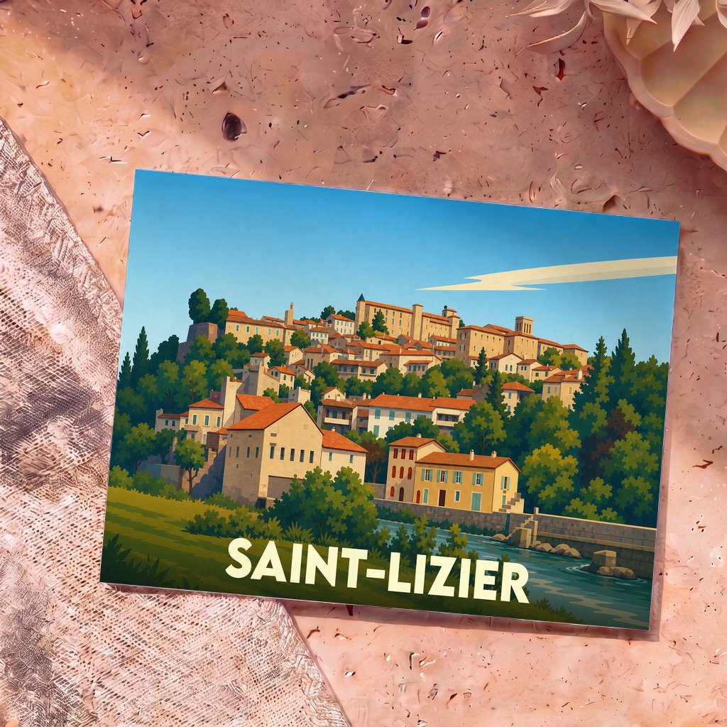Carte postale souvenir de la ville de Saint-Lizier avec une illustration stylisée d'un village perché.