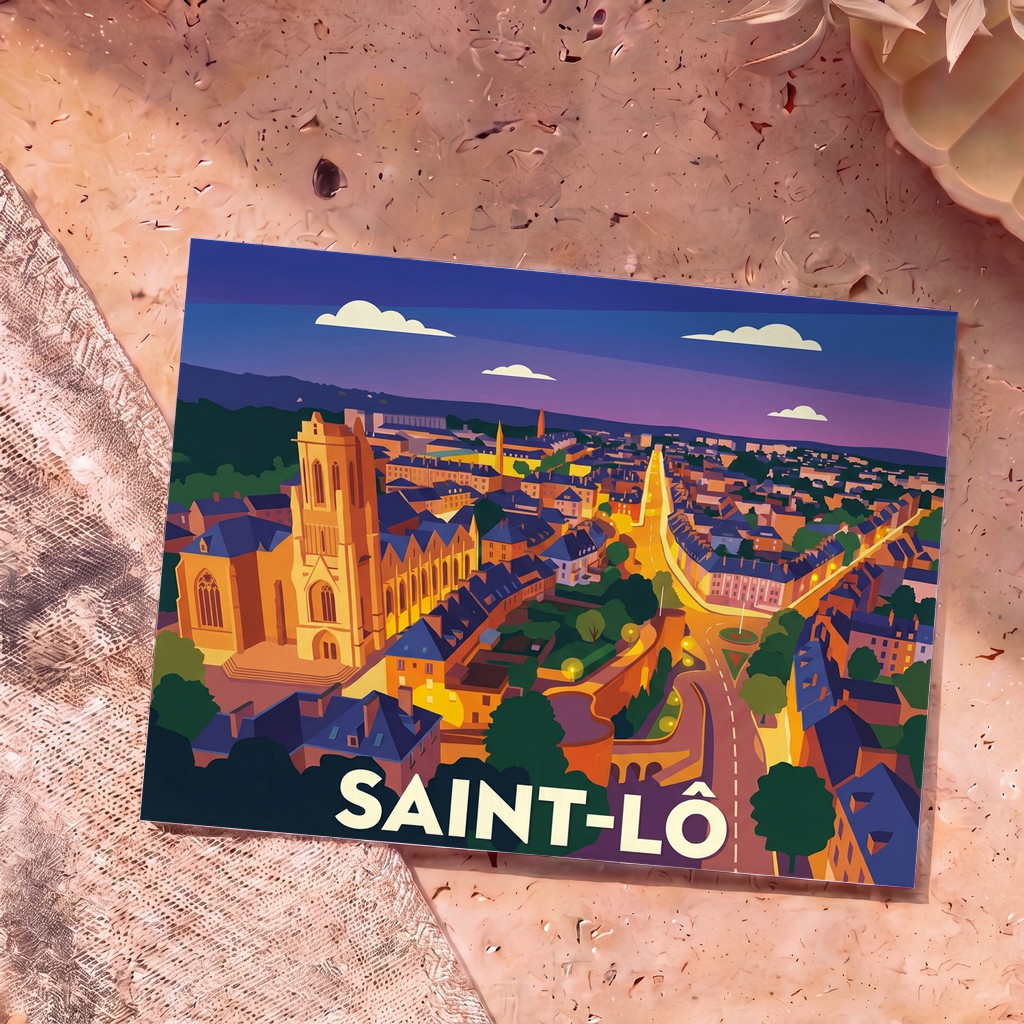 Carte postale souvenir de la ville de Saint-Lô avec une illustration stylisée d'une vue aérienne nocturne.