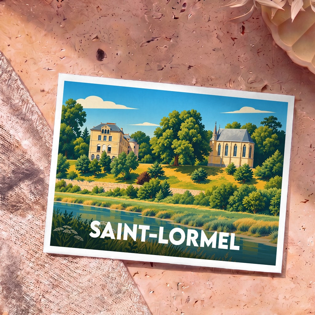 Carte postale souvenir de la ville de Saint-Lormel avec une illustration stylisée.