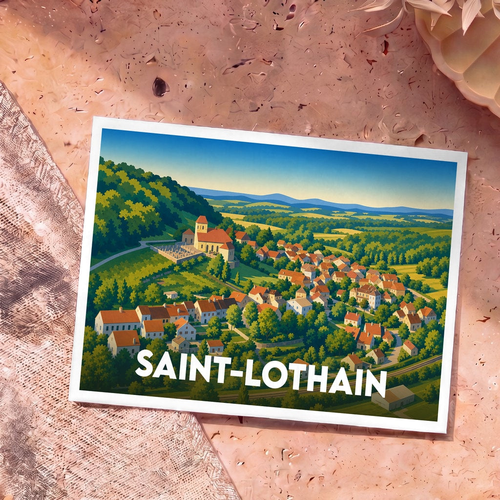 Carte postale souvenir de la ville de Saint-Lothain avec une illustration stylisée.