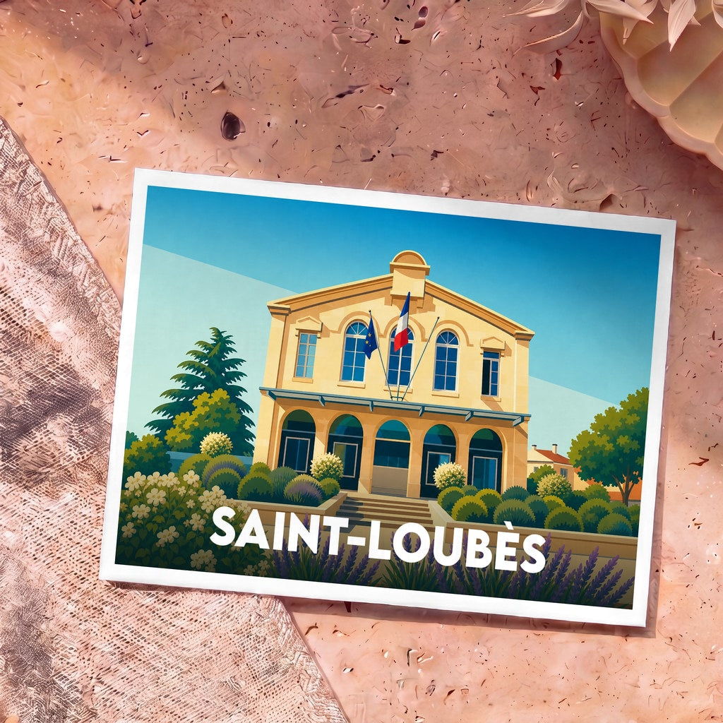 Carte postale souvenir de la ville de Saint-Loubès avec une illustration stylisée de sa mairie.