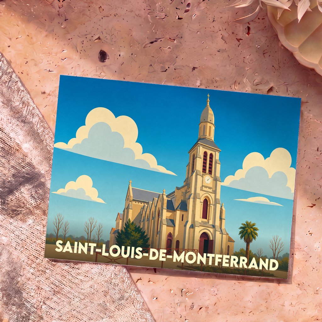 Carte postale souvenir de la ville de Saint-Louis-de-Montferrand avec une illustration stylisée de son église.
