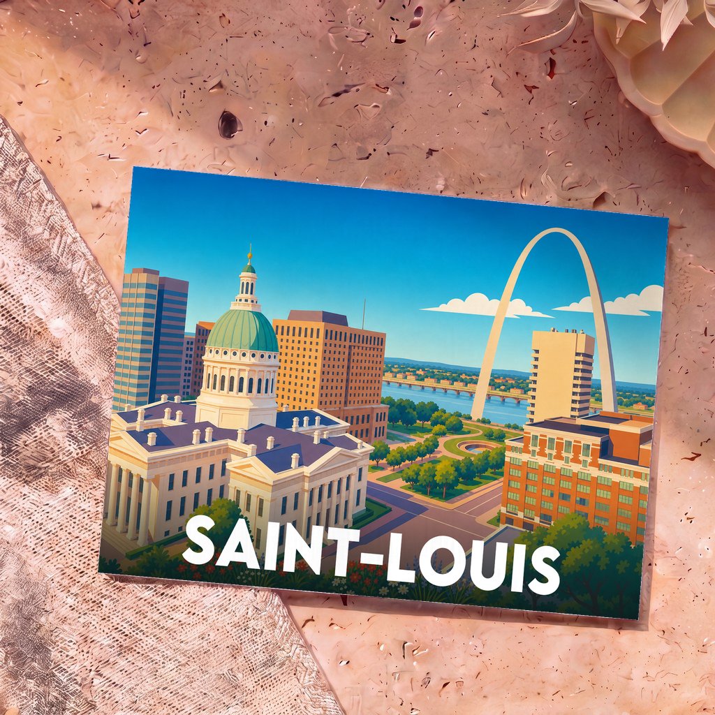 Carte postale souvenir de la ville de Saint-Louis avec une illustration stylisée de ses monuments emblématiques.