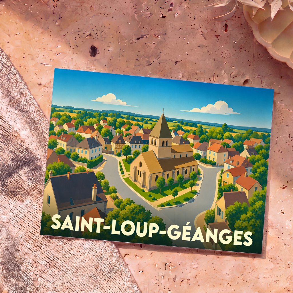 Carte postale souvenir de la ville de Saint-Loup-Géanges avec une illustration stylisée d'un village français.