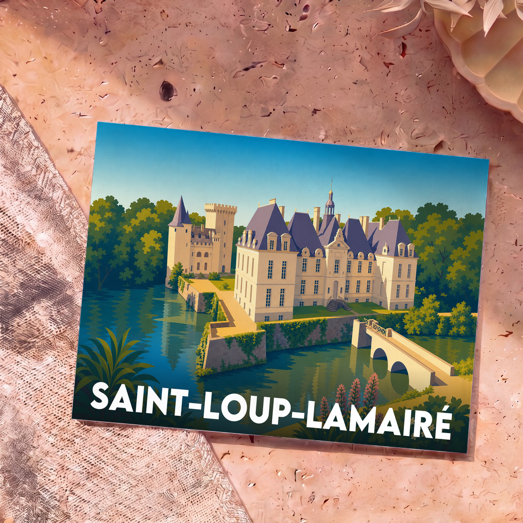 Carte postale souvenir de la ville de Saint-Loup-Lamairé avec une illustration stylisée de son château bordant l'eau.