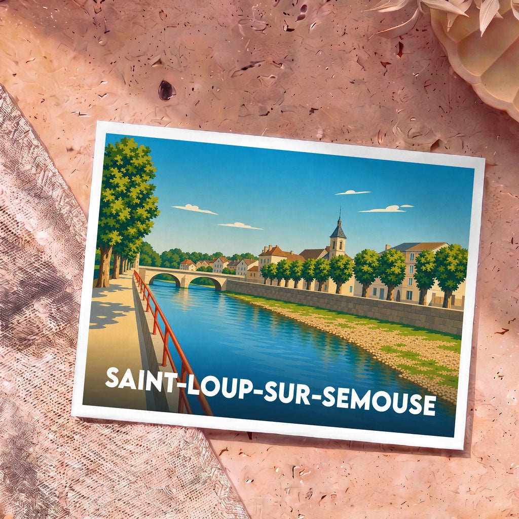 Carte postale souvenir de la ville de Saint-Loup-sur-Semouse avec une illustration stylisée des bords de la rivière et de son pont.
