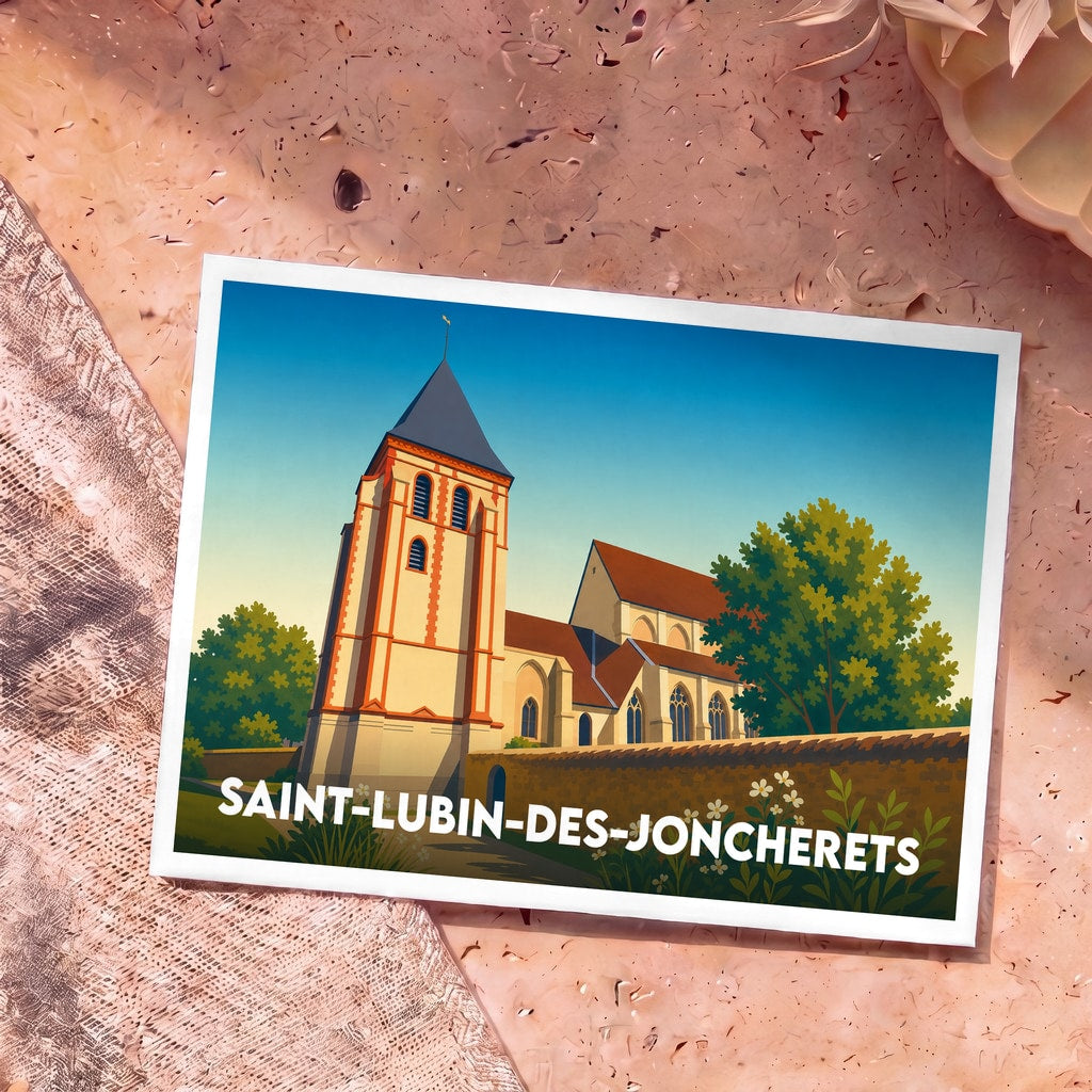 Carte postale souvenir de la ville de Saint-Lubin-des-Joncherets avec une illustration stylisée de son église.