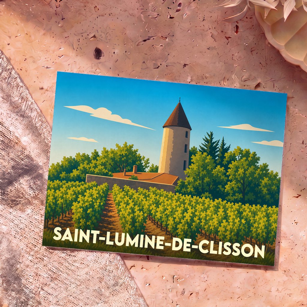 Carte postale souvenir de la ville de Saint-Lumine-de-Clisson avec une illustration stylisée d'un vignoble et d'une tour.