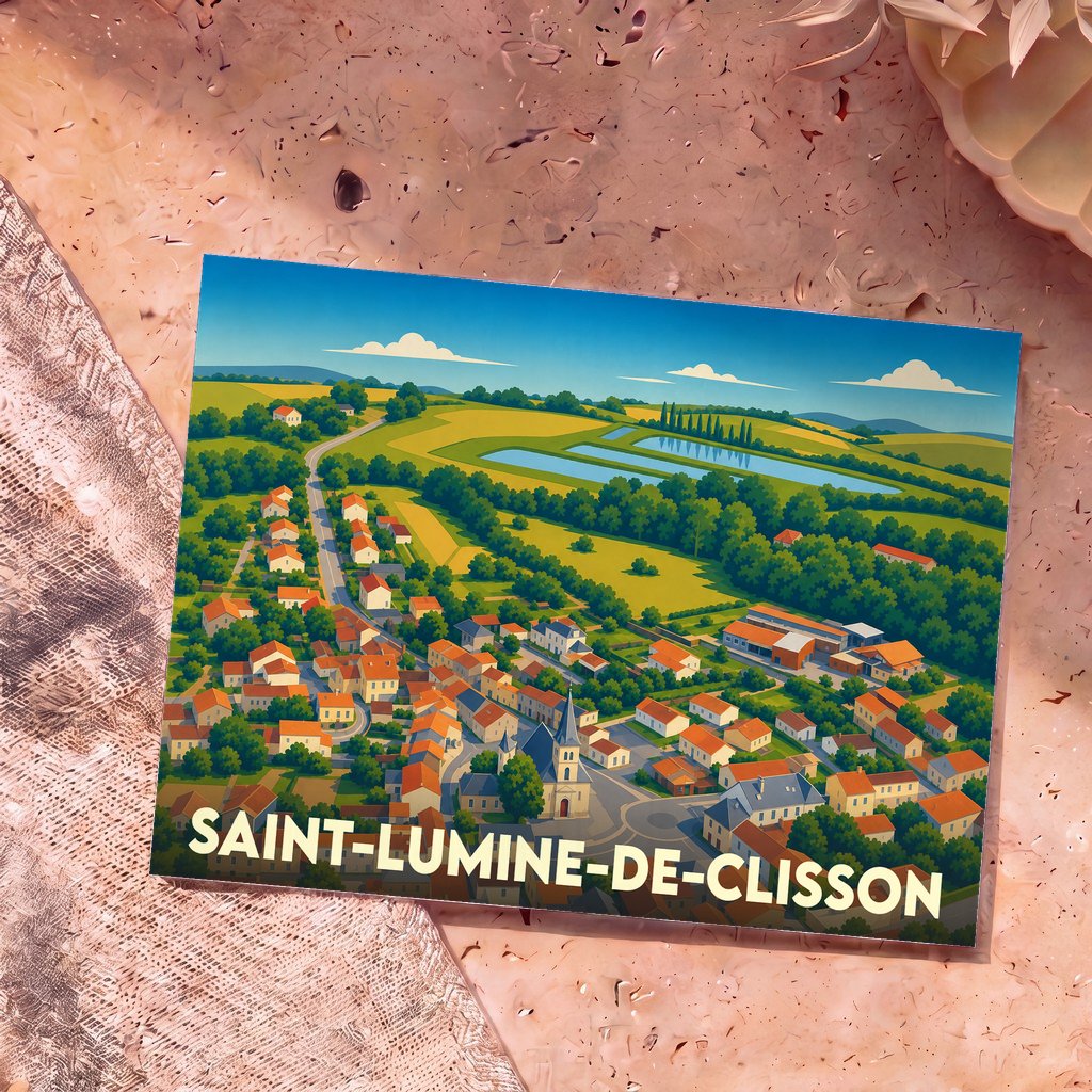 Carte postale souvenir de Saint-Lumine-de-Clisson avec une vue aérienne illustrée et colorée du village.