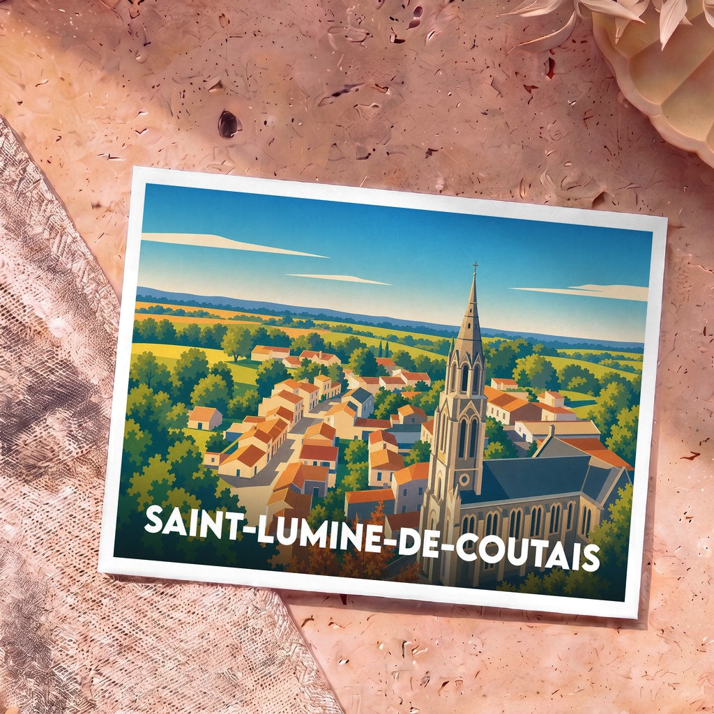 Carte postale souvenir de la ville de Saint-Lumine-de-Coutais avec une illustration stylisée d'un village et son église.