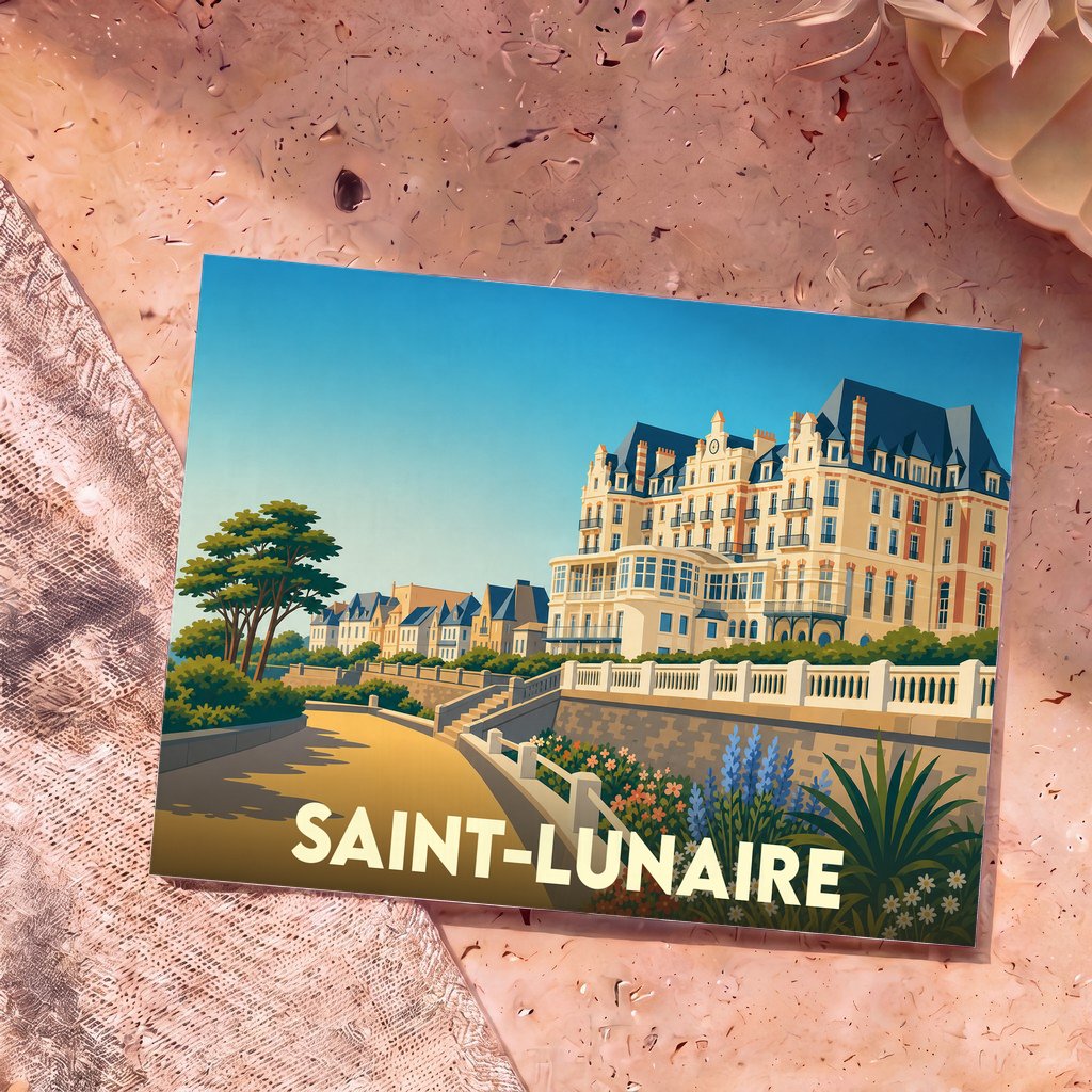 Carte postale souvenir de la ville de Saint-Lunaire avec une illustration stylisée de son front de mer et du Grand Hôtel.