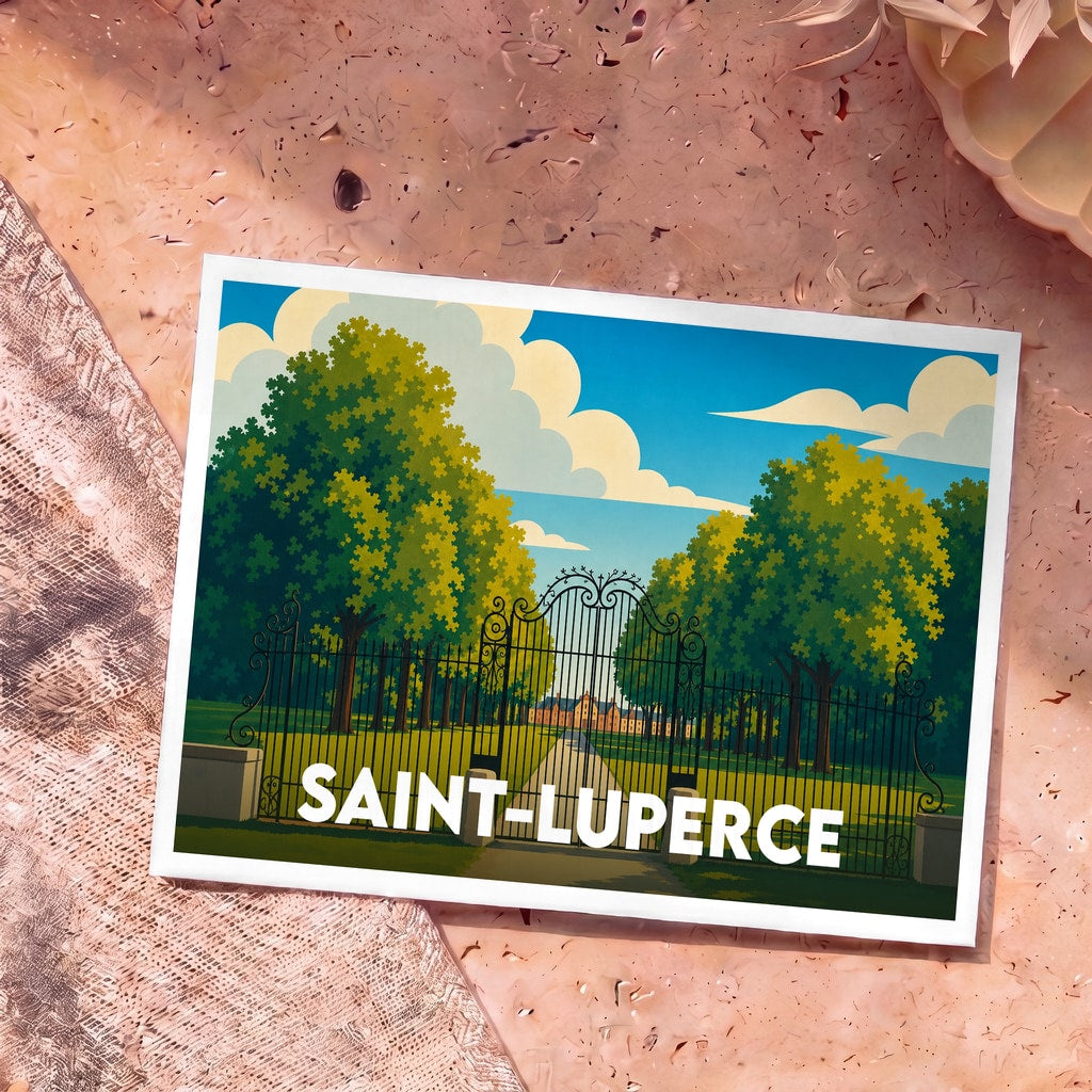 Carte postale souvenir de la ville de Saint-Luperce avec une illustration stylisée d'un parc boisé.