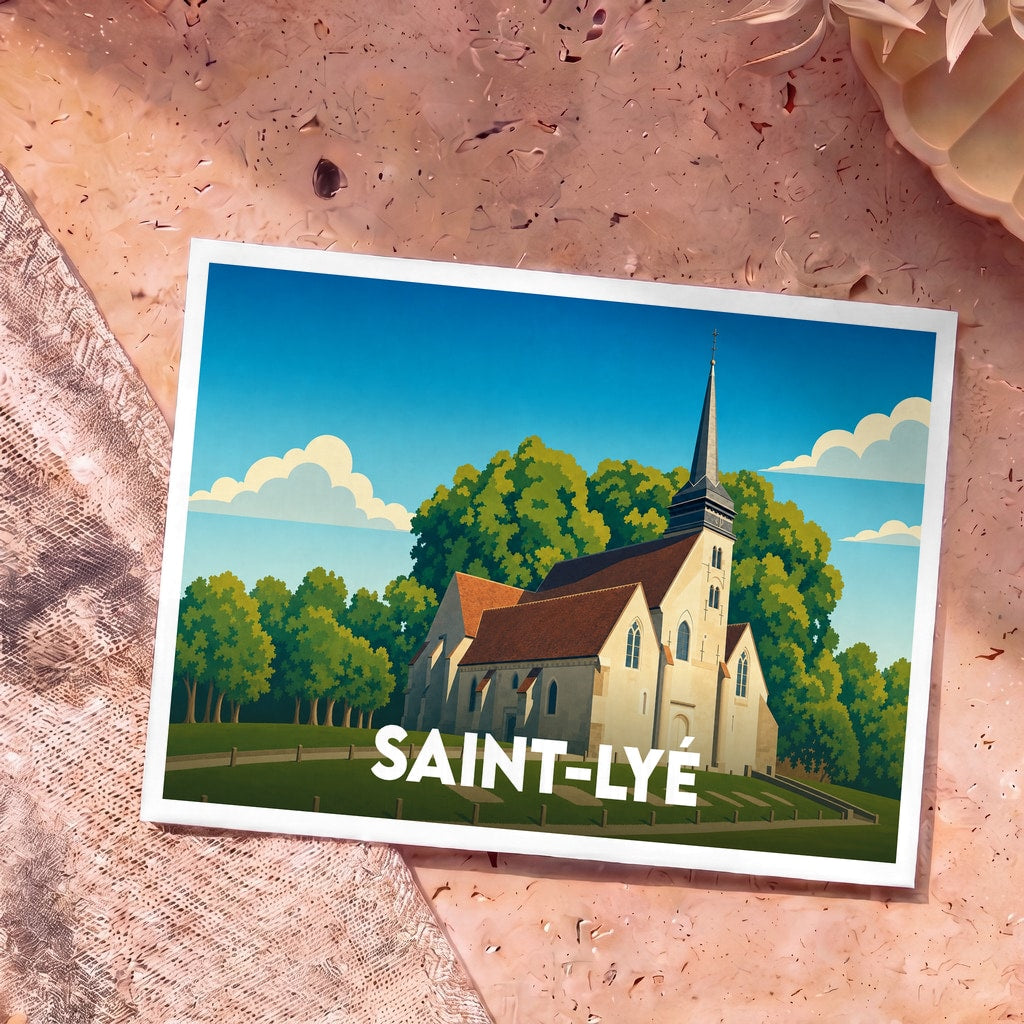 Carte postale souvenir de la ville de Saint-Lyé avec une illustration stylisée de son église entourée de verdure.