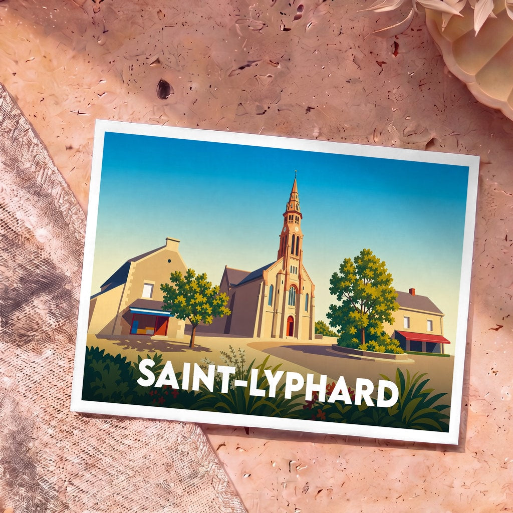 Carte postale souvenir de la ville de Saint-Lyphard avec une illustration stylisée de son église et de ses maisons traditionnelles.
