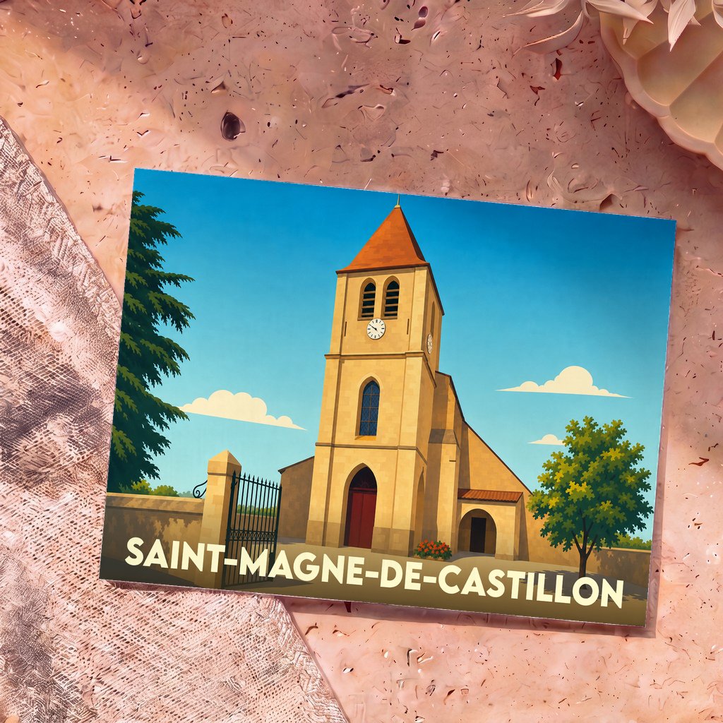 Carte postale souvenir de la ville de Saint-Magne-de-Castillon avec une illustration stylisée de son église sous un ciel bleu.