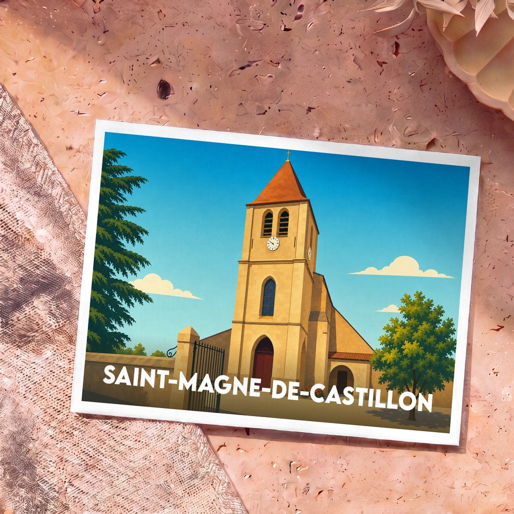 Carte postale souvenir de la ville de Saint-Magne-de-Castillon avec une illustration stylisée de son église sous un ciel bleu.