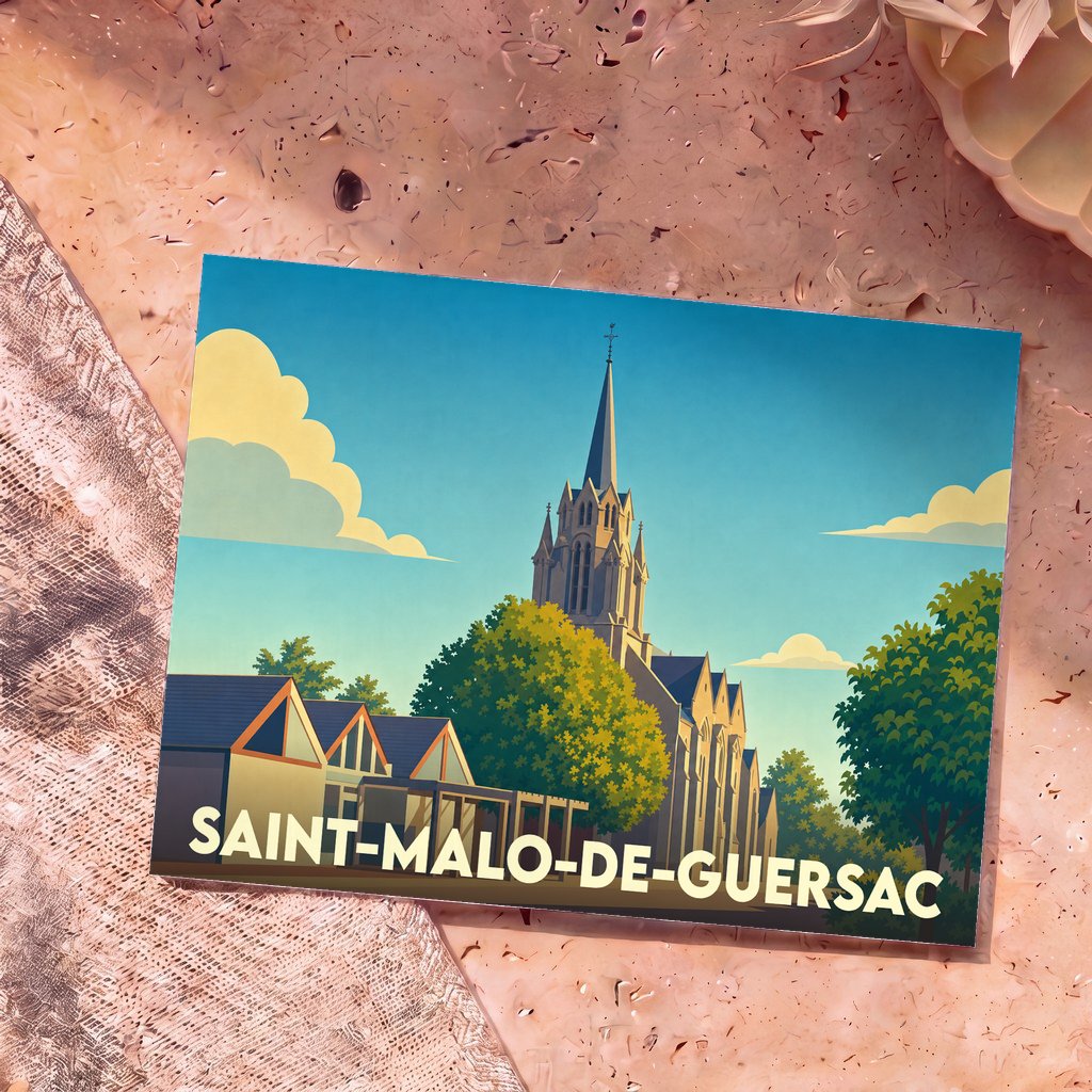 Carte postale souvenir de la ville de Saint-Malo-de-Guersac avec une illustration stylisée de son église et de ses maisons.