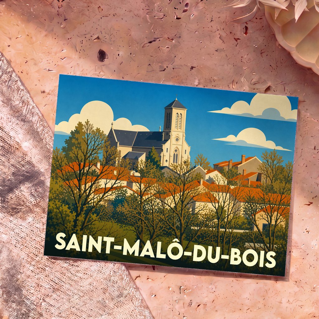 Carte postale souvenir de la ville de Saint-Malô-du-Bois avec une illustration stylisée de son église et de ses toits.