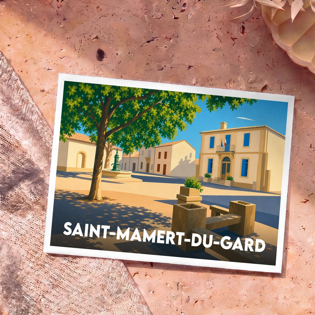 Carte postale souvenir de la ville de Saint-Mamert-du-Gard avec une illustration stylisée d'une place ensoleillée.
