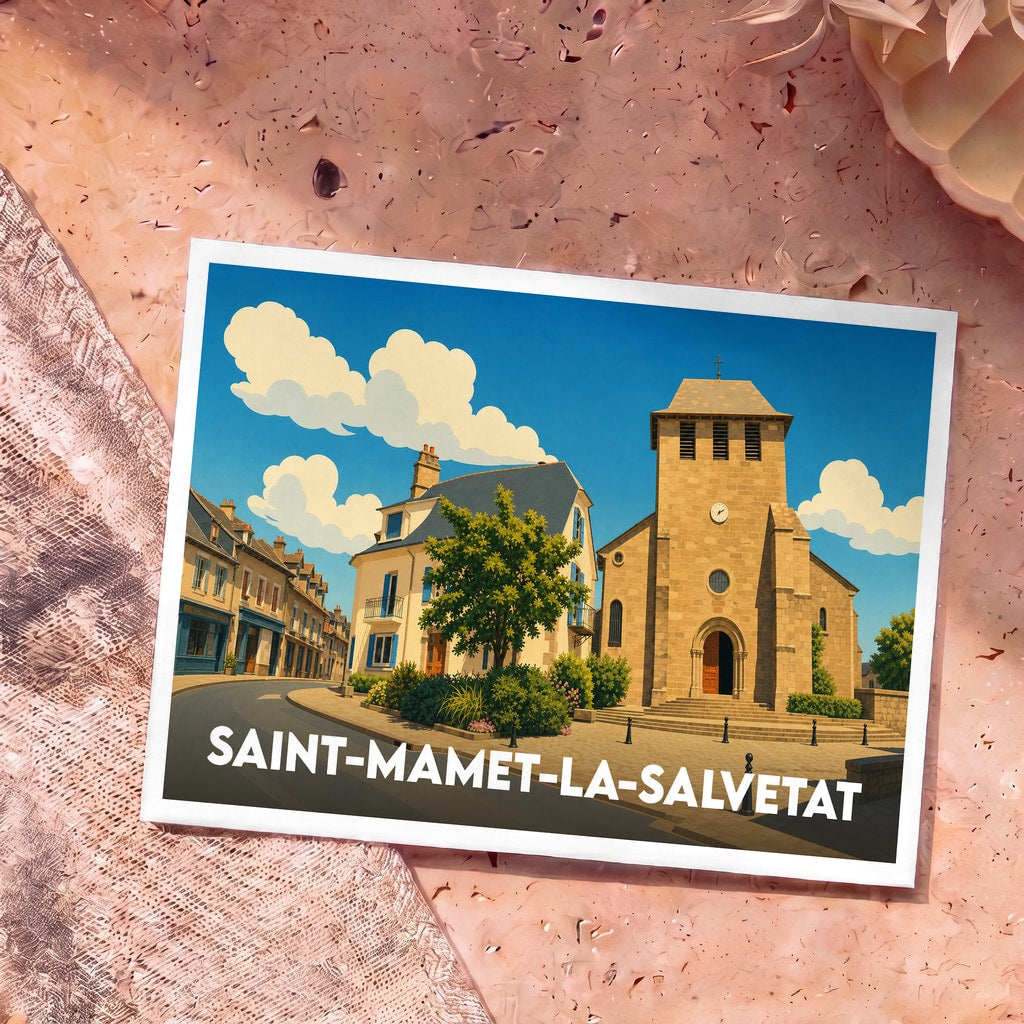 Carte postale souvenir de la ville de Saint-Mamet-la-Salvetat avec une illustration stylisée de son église et de ses maisons typiques.