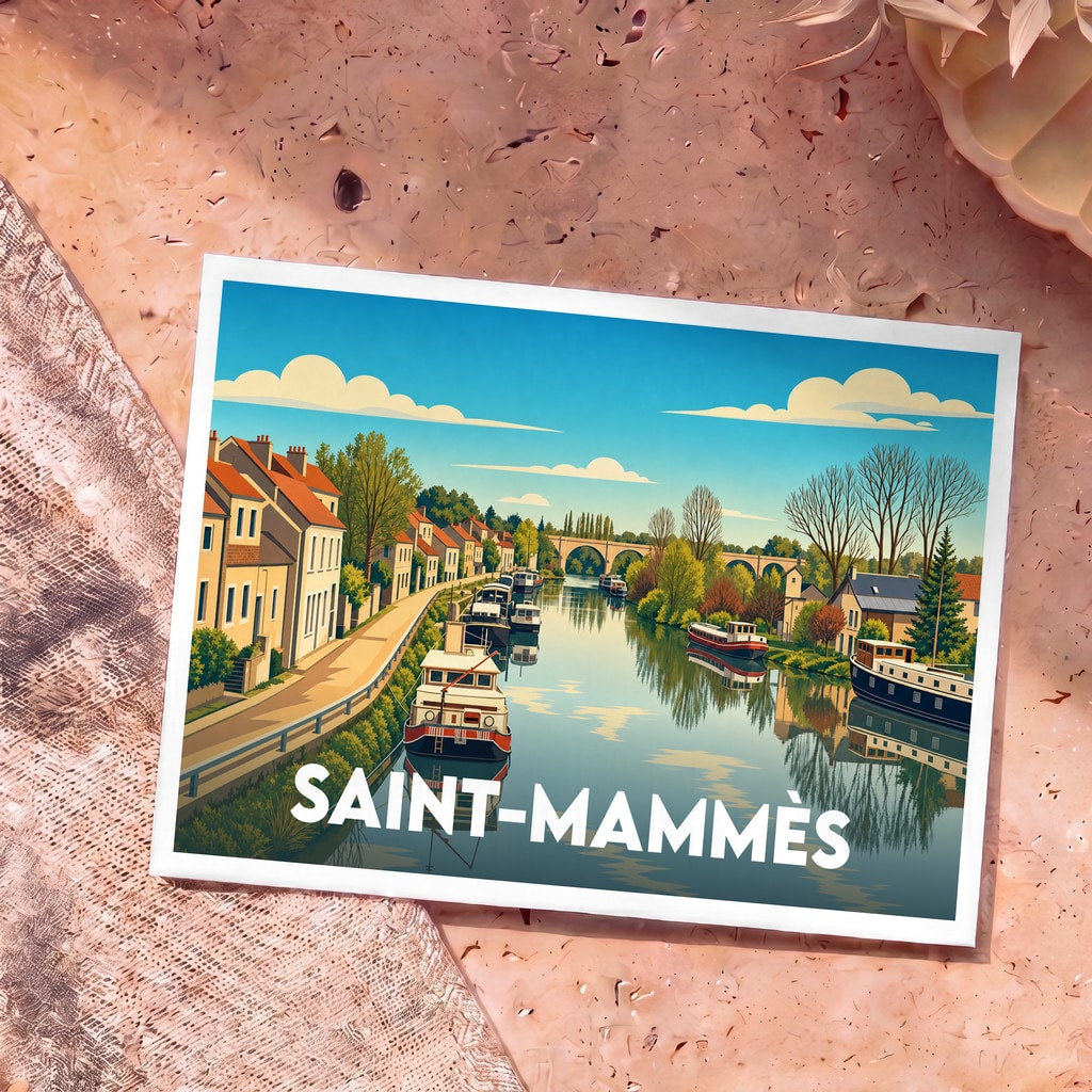 Carte postale souvenir de la ville de Saint-Mammès avec une illustration stylisée d'un canal et de ses péniches.