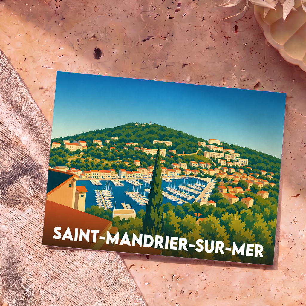 Carte postale souvenir de la ville de Saint-Mandrier-sur-Mer avec une illustration stylisée de son port.
