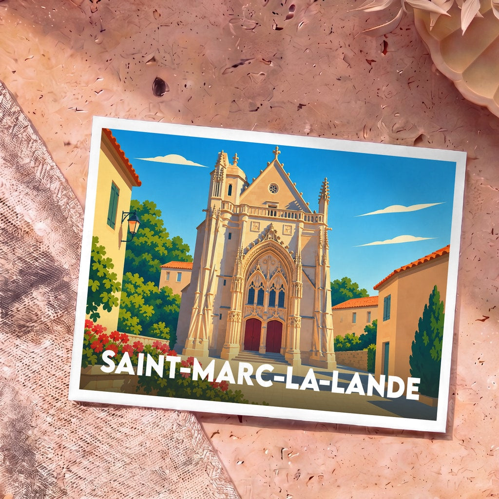 Carte postale souvenir de la ville de Saint-Marc-la-Lande avec une illustration stylisée de sa collégiale.