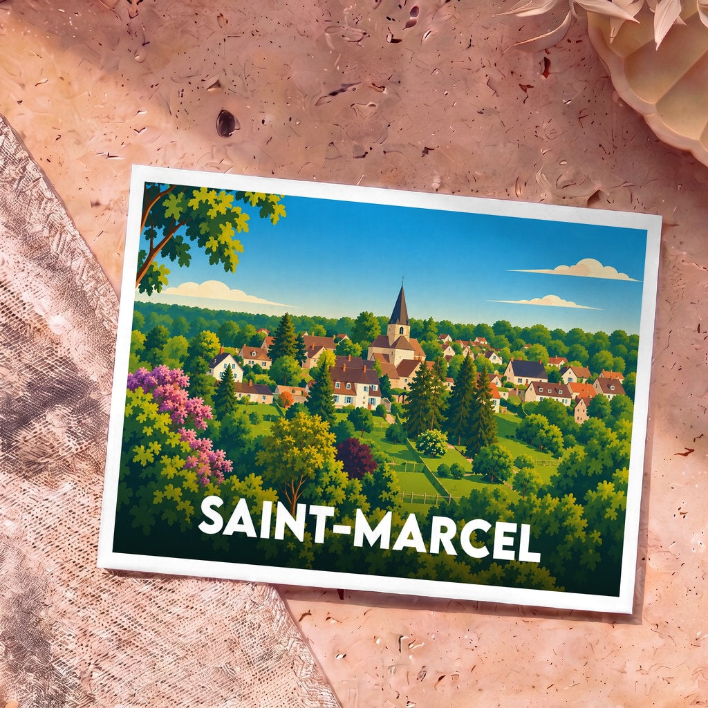 Carte postale souvenir de la ville de Saint-Marcel avec une illustration stylisée d'un village fleuri et de son église.