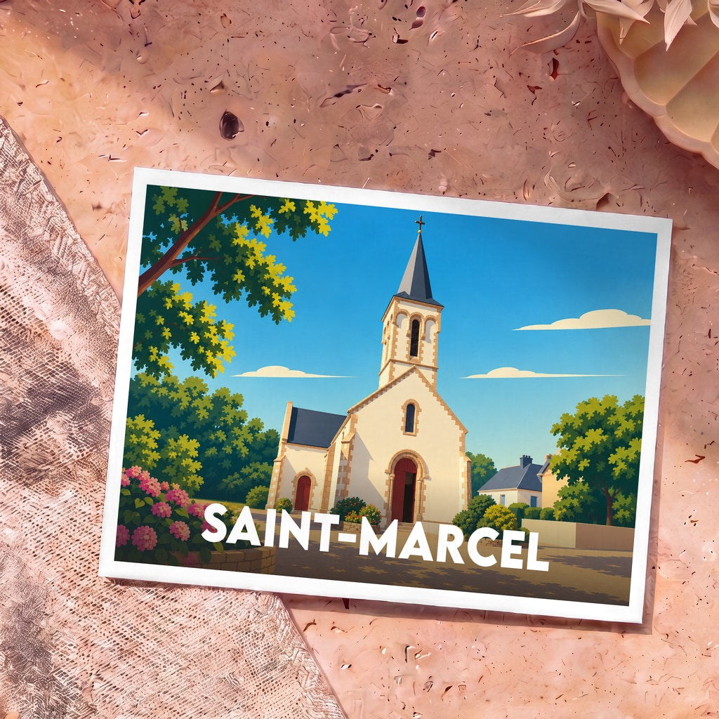 Carte postale souvenir de la ville de Saint-Marcel illustrant son église dans un style graphique épuré.