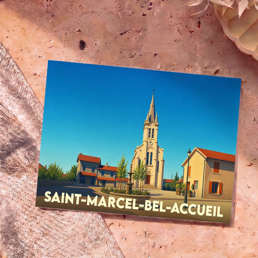 Carte postale souvenir de la ville de Saint-Marcel-Bel-Accueil avec une illustration stylisée de son église.