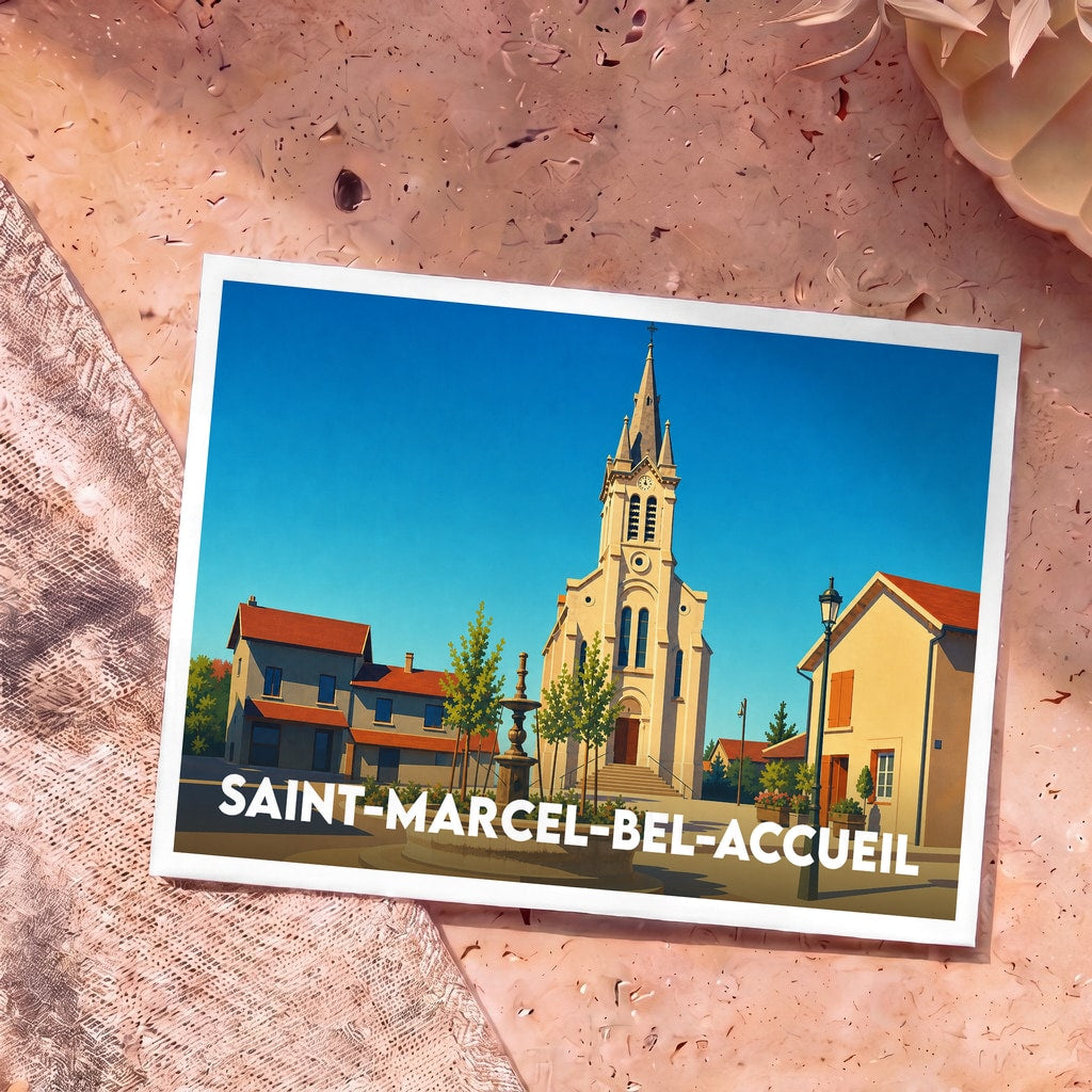 Carte postale souvenir de la ville de Saint-Marcel-Bel-Accueil avec une illustration stylisée de son église.