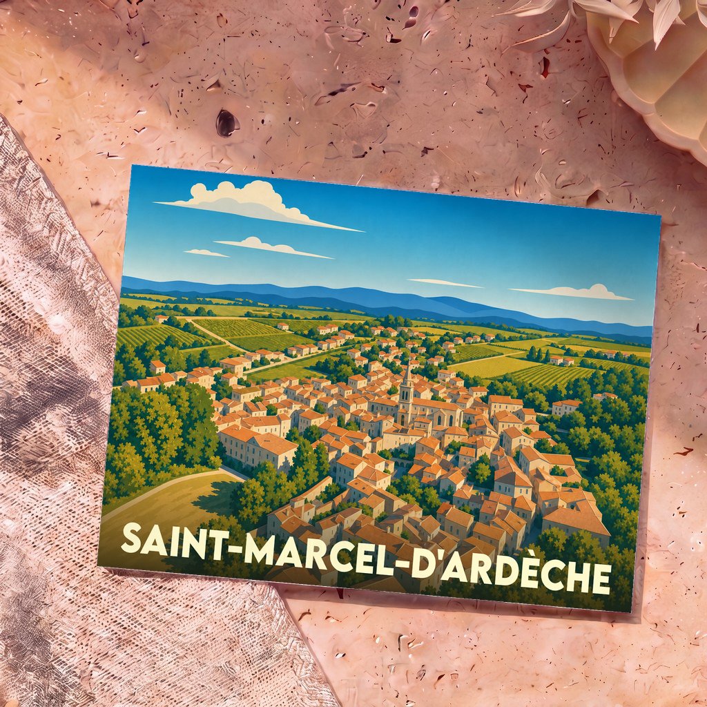 Carte postale souvenir de la ville de Saint-Marcel-d'Ardèche avec une illustration stylisée.
