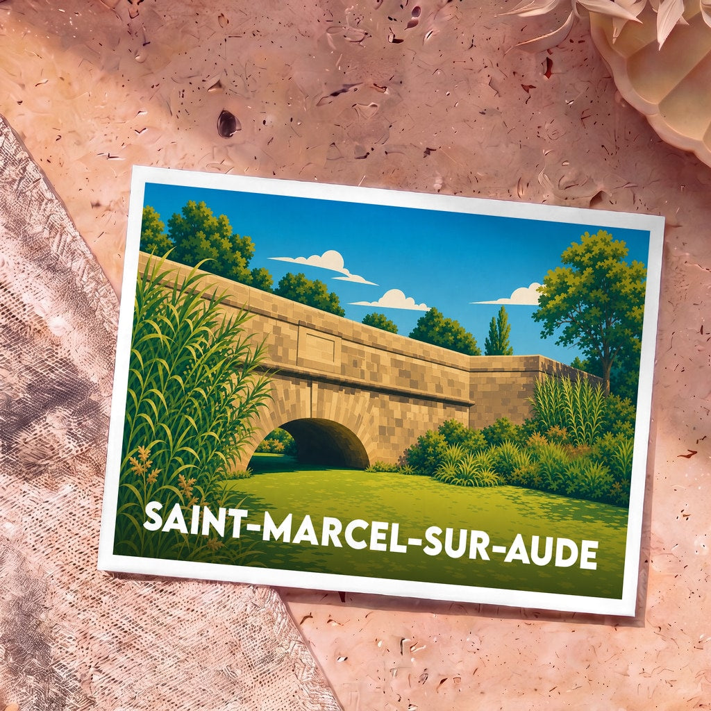 Carte postale souvenir de Saint-Marcel-sur-Aude avec une illustration stylisée d'un pont en pierre enjambant une rivière.