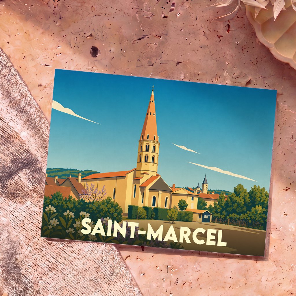 Carte postale souvenir de la ville de Saint-Marcel avec une illustration stylisée de son église.