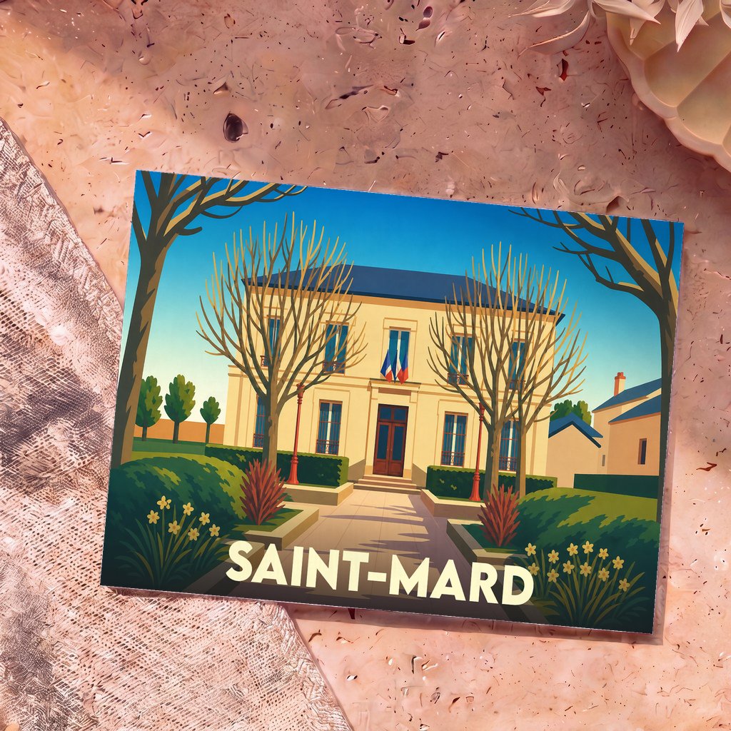 Carte postale souvenir de la ville de Saint-Mard avec une illustration stylisée de sa mairie.
