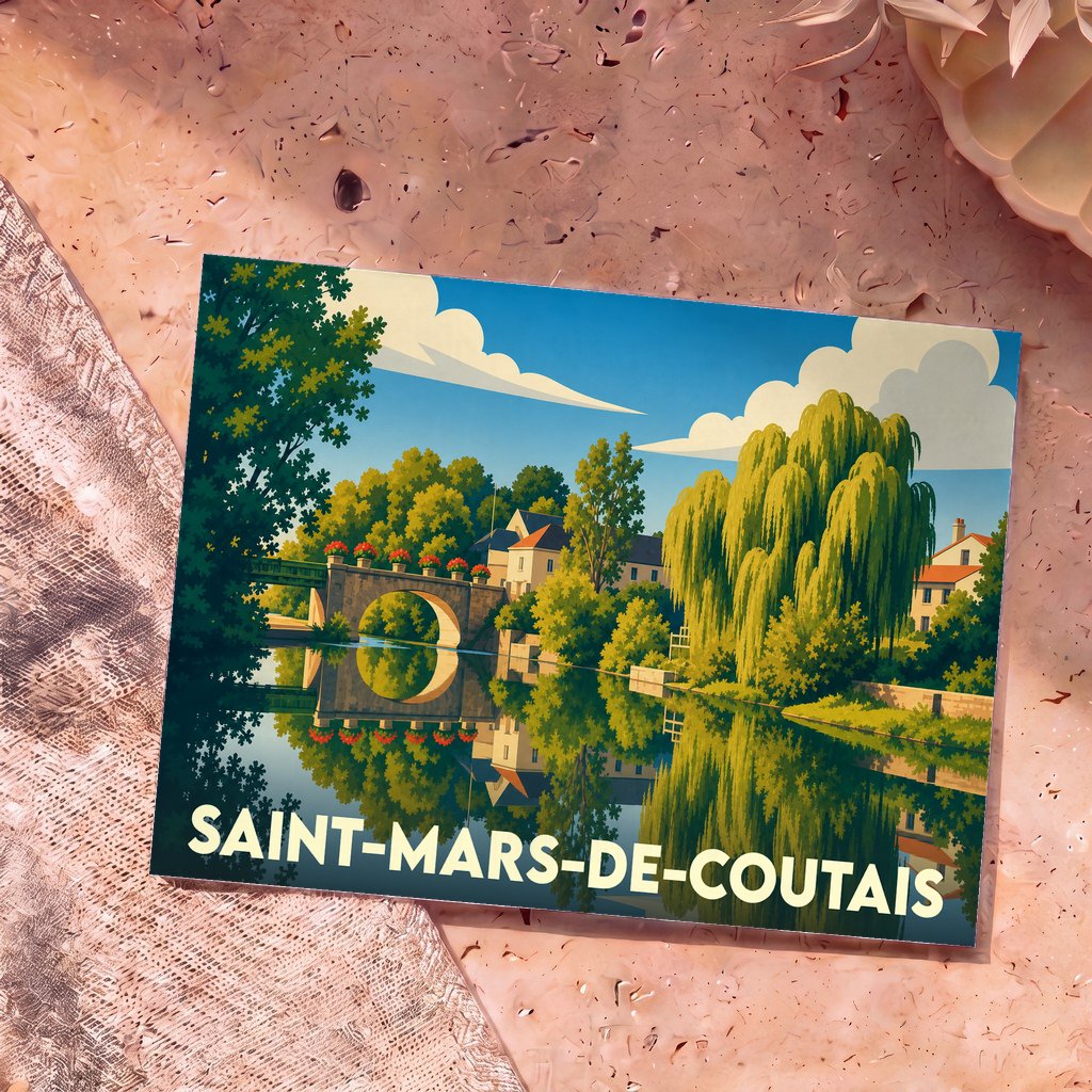 Carte postale souvenir de la ville de Saint-Mars-de-Coutais avec une illustration stylisée d'un pont de pierre se reflétant dans l'eau.