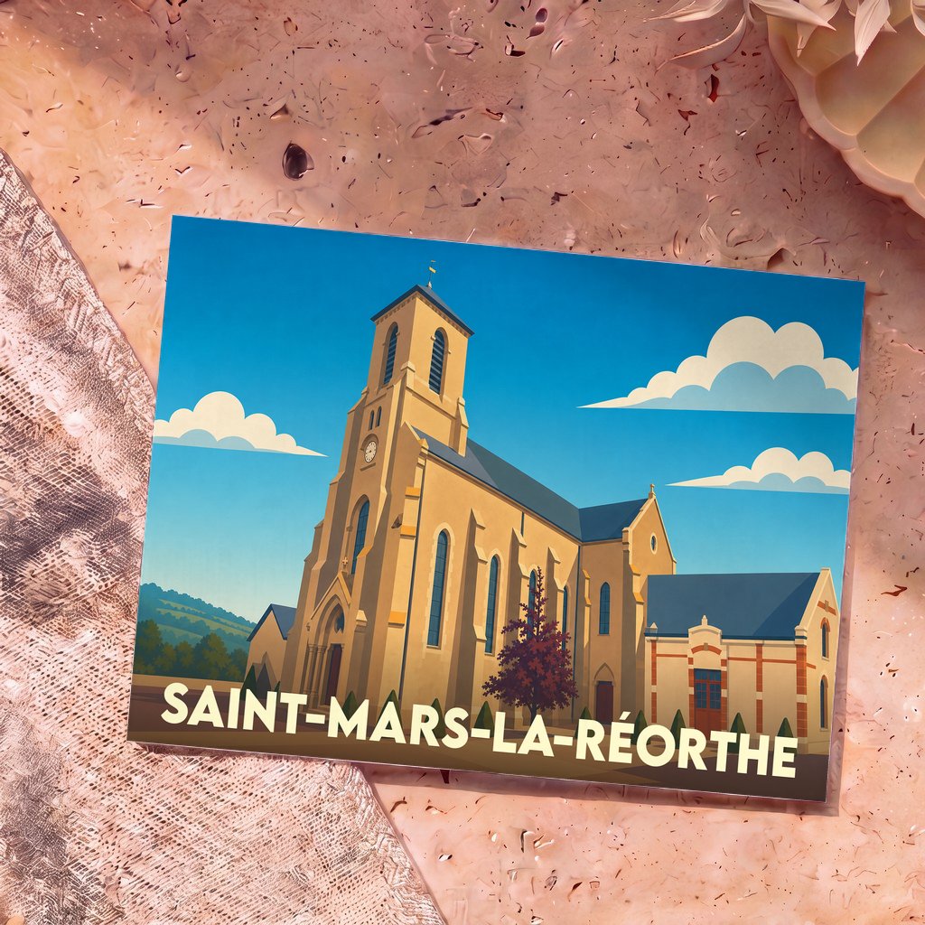 Carte postale souvenir de la ville de Saint-Mars-la-Réorthe avec une illustration stylisée de son église.