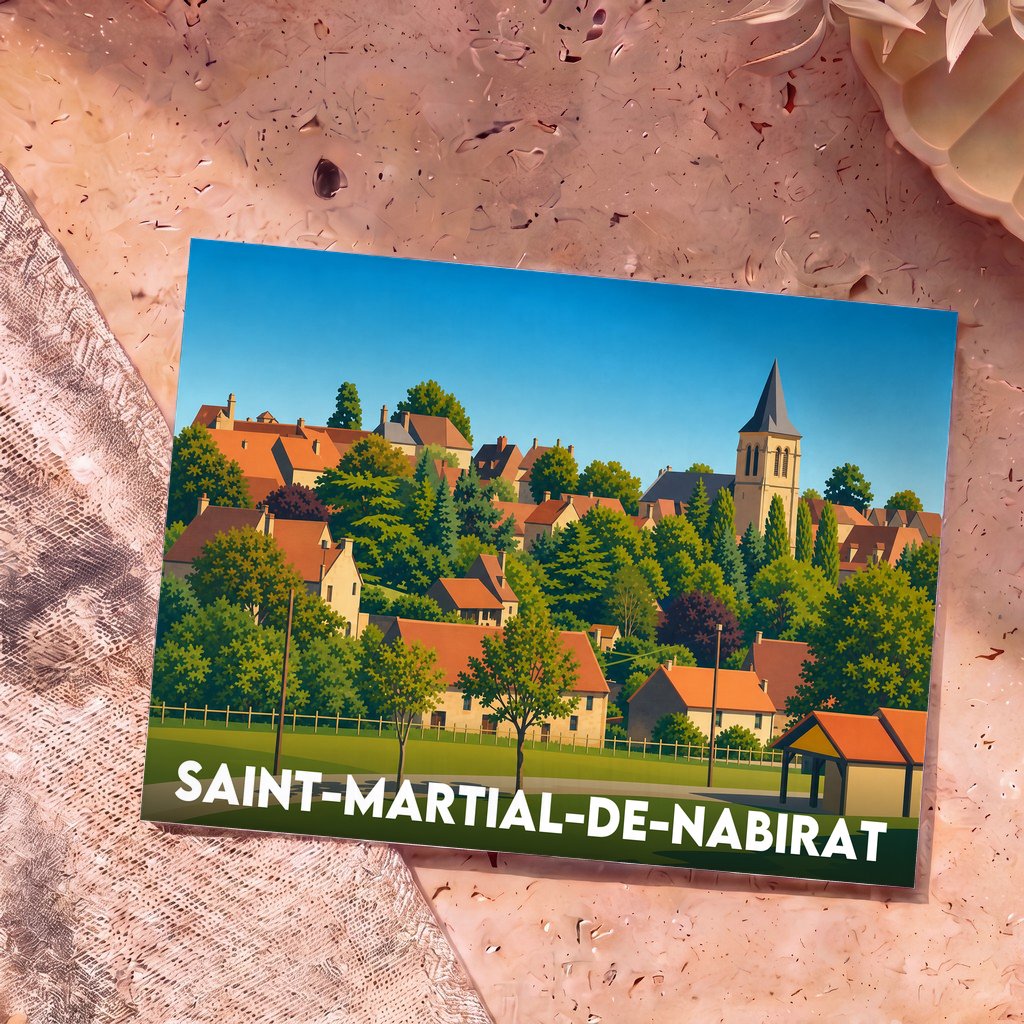 Carte postale souvenir de la ville de Saint-Martial-de-Nabirat avec une illustration stylisée du village.